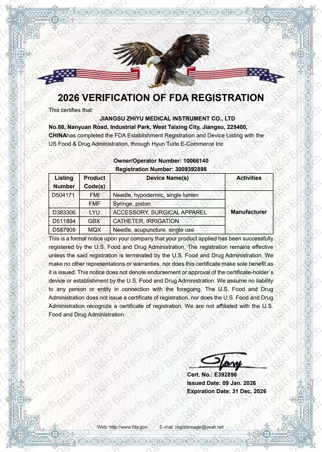 FDA Registration Certificate 2026