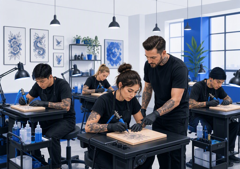 Tattoo training academy with students practicing