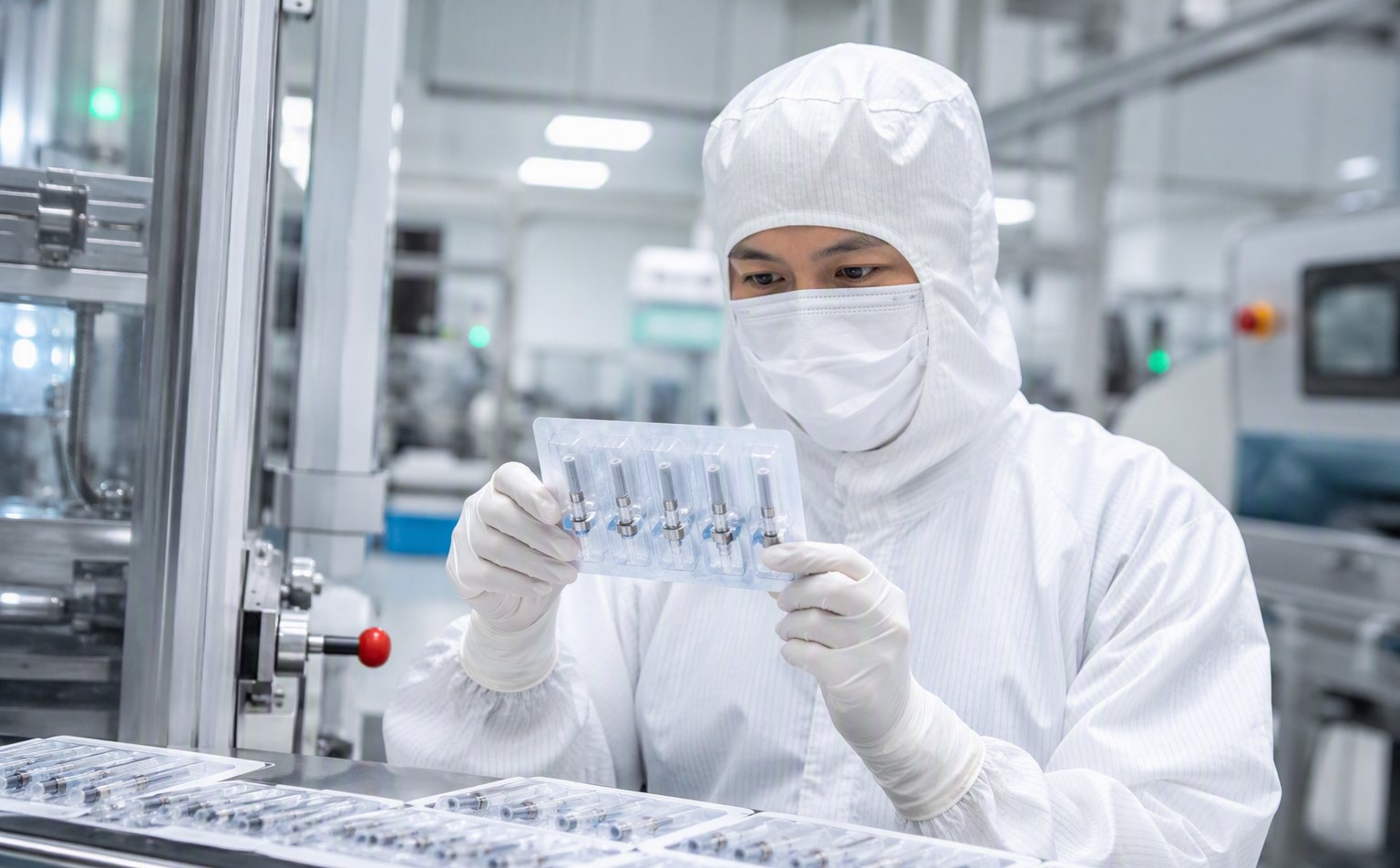 Cleanroom worker inspecting blister-packed sterile needle cartridges