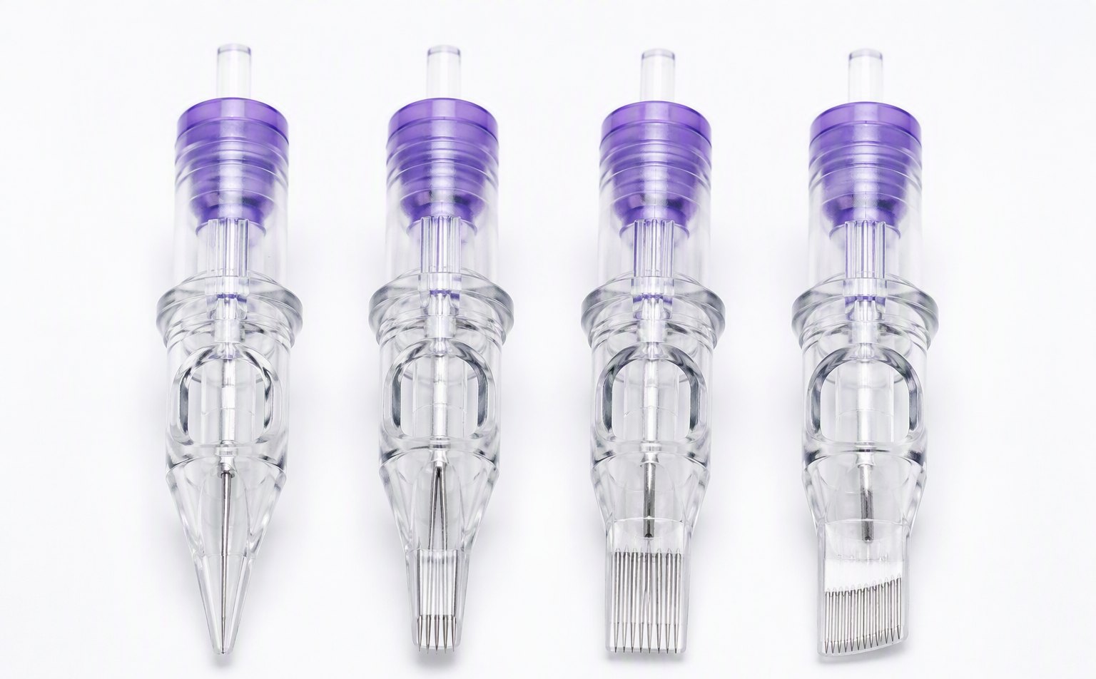 Four tattoo needle cartridge tip configurations: round liner, round shader, magnum and curved magnum