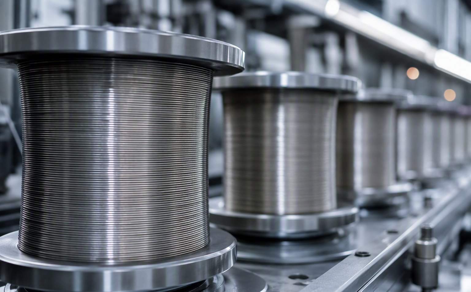 Spools of fine stainless steel needle wire in a precision factory